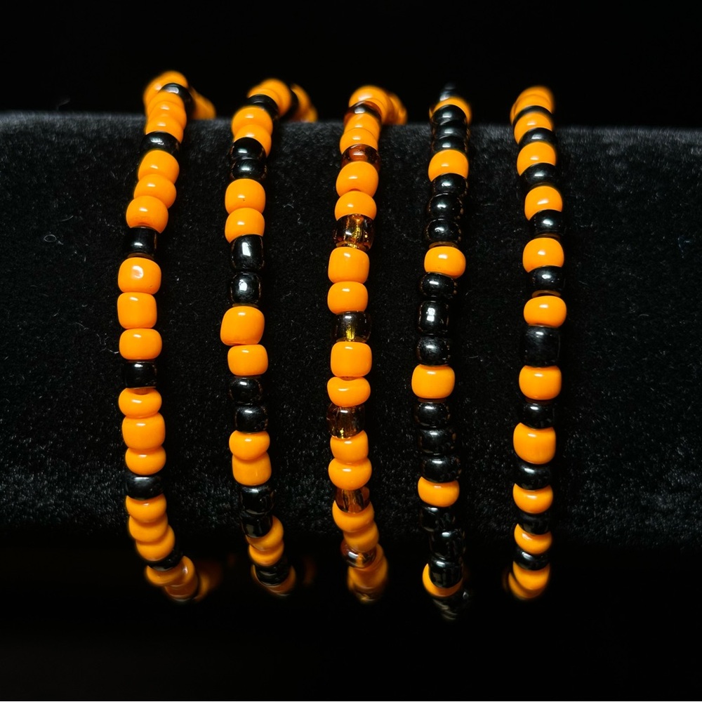 Halloween Orange and Black Beaded Bracelet Set of 5 Medium 7inches